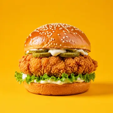 Golden crispy chicken burger with lettuce in a sesame bun