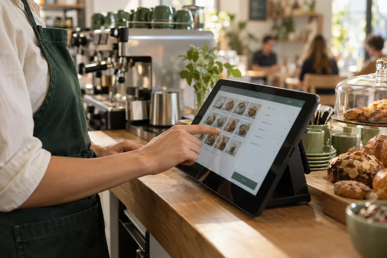 Café staff member using a touchscreen till