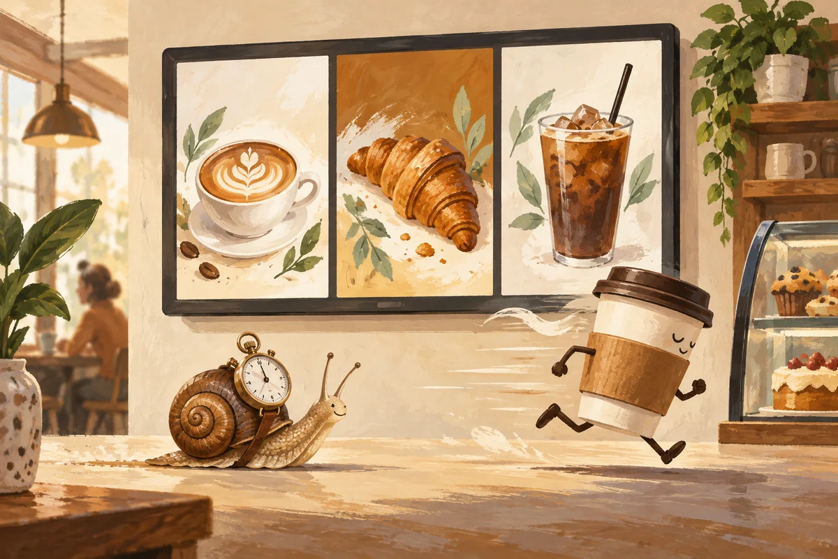 A cafe menu display hosts a tiny snail carrying a stopwatch while a hurried coffee cup runs past, playful contrast in viewing time.